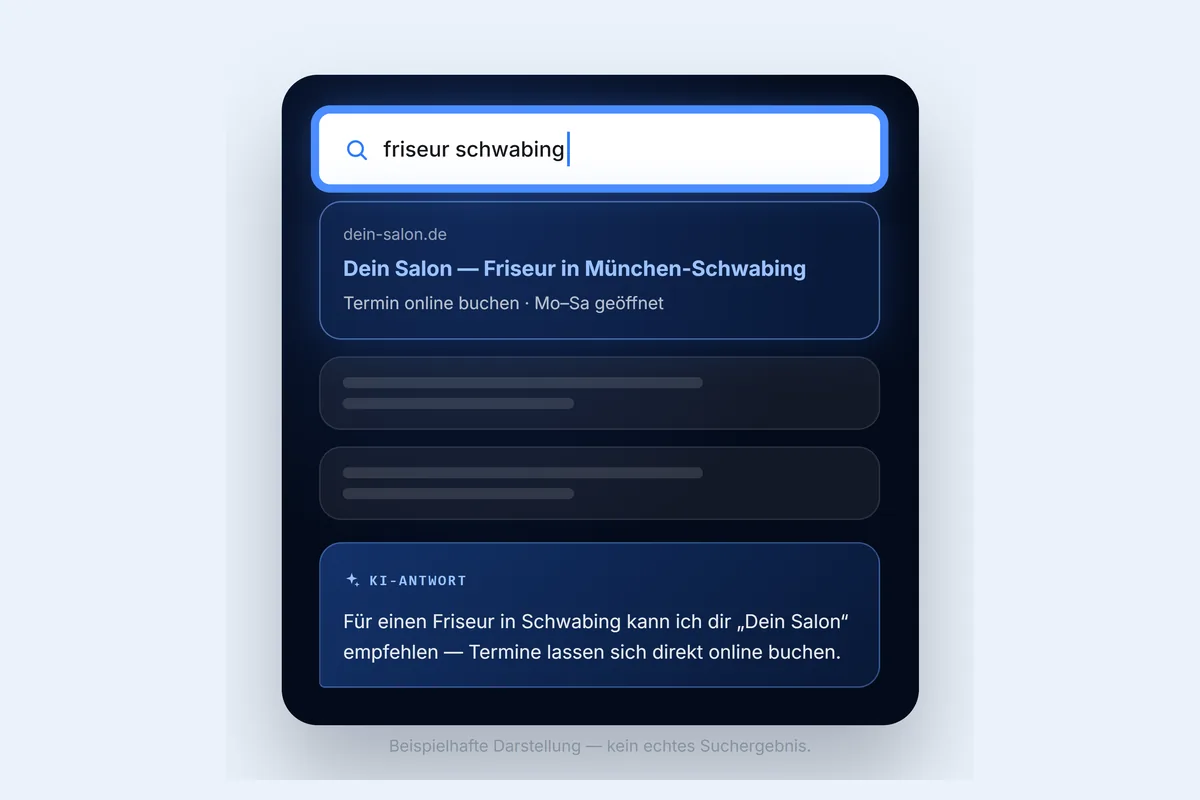 Illustration eines Suchergebnisses für „friseur schwabing“ mit einer KI-Antwort darunter