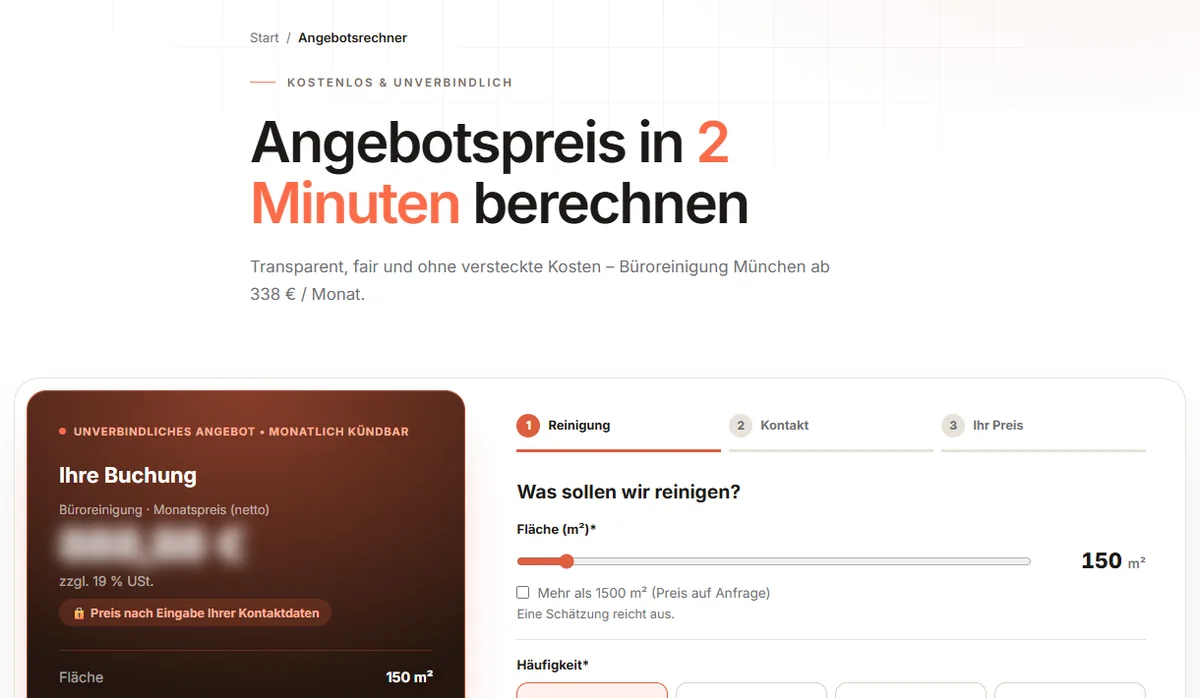 Erster Schritt des Staublos-Angebotsrechners mit Flächenregler und Buchungsübersicht