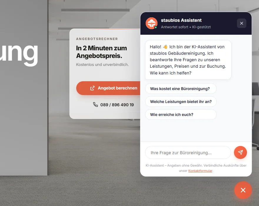 Geöffneter Staublos-Chatbot mit Begrüßung und vorgeschlagenen Fragen