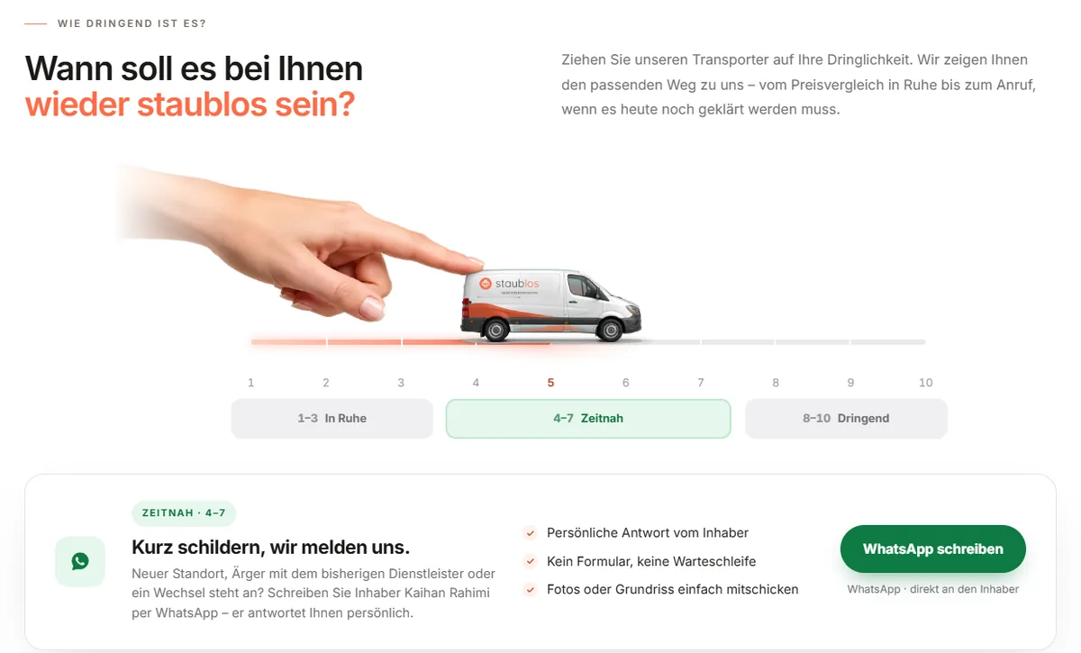 Dringlichkeitsauswahl auf der Staublos-Startseite mit Transporter auf Stufe 5 und WhatsApp-Empfehlung