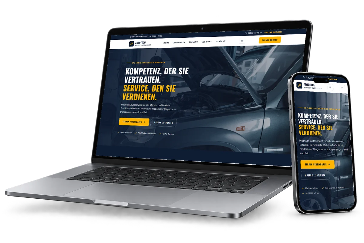 Designkonzept AUTOTECH Kfz-Werkstatt auf Laptop und Smartphone